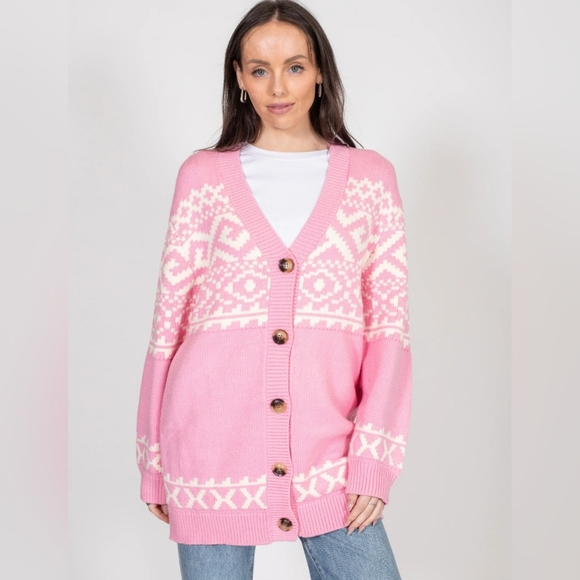 Fair Isle Knit Cardigan | Bubble Gum XL/XXL - Picture 1 of 4